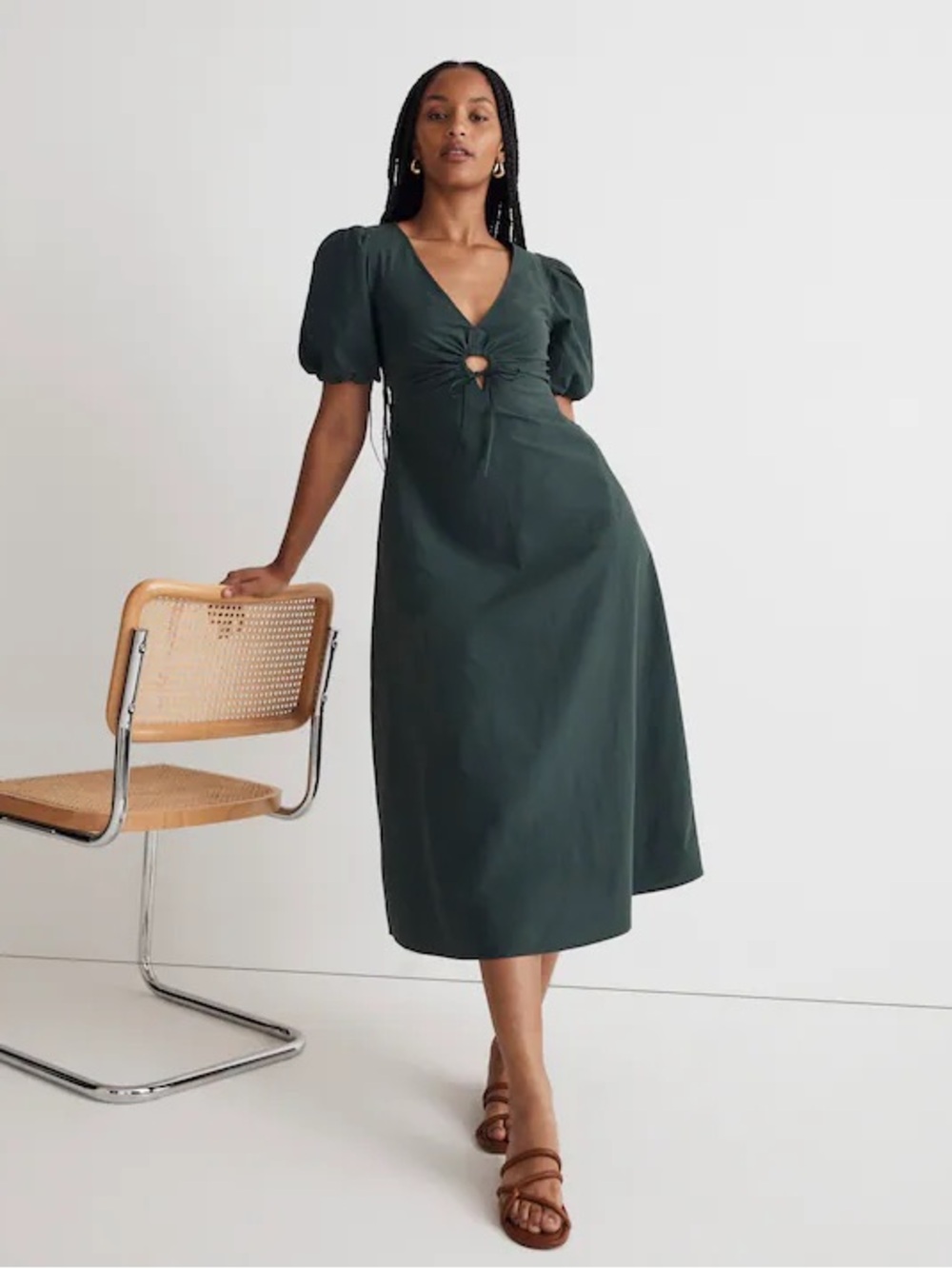 Madewell Poplin Cutout Puff-Sleeve Midi Dress Dark Palm Green Size 10